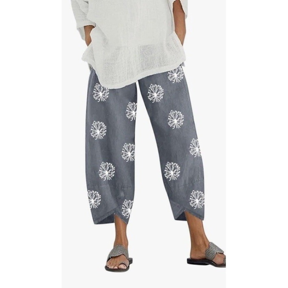 Cropped Gray Floral Pants XL 10-12 Lounge Summer Capri With Pockets Artsy